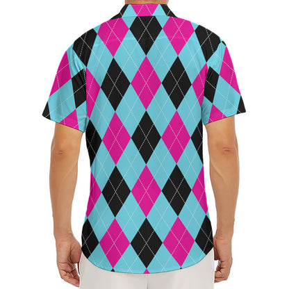Blue Pink And Black Argyle Pattern Print Men's Deep V-Neck Shirt
