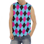 Blue Pink And Black Argyle Pattern Print Men's Fitness Tank Top