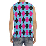 Blue Pink And Black Argyle Pattern Print Men's Fitness Tank Top