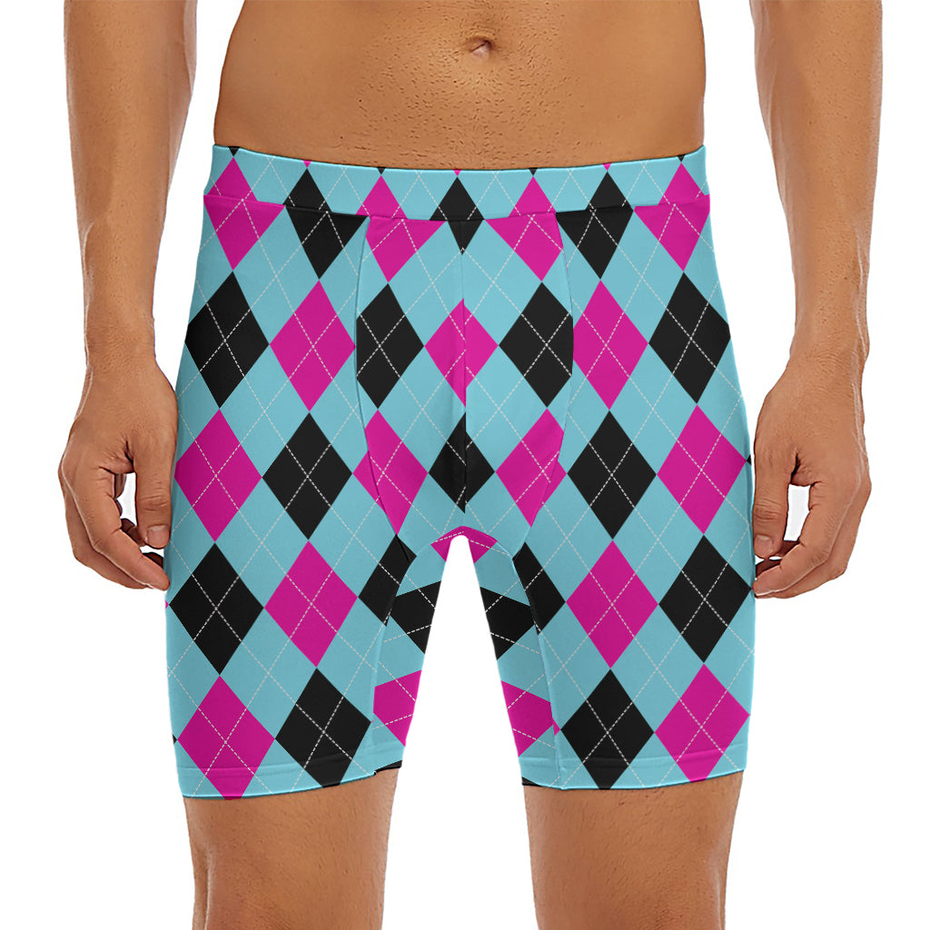 Blue Pink And Black Argyle Pattern Print Men's Long Boxer Briefs