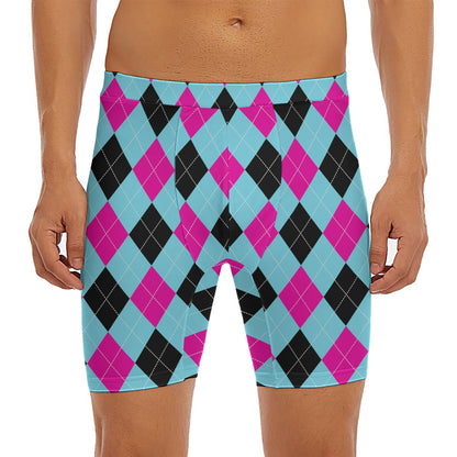Blue Pink And Black Argyle Pattern Print Men's Long Boxer Briefs