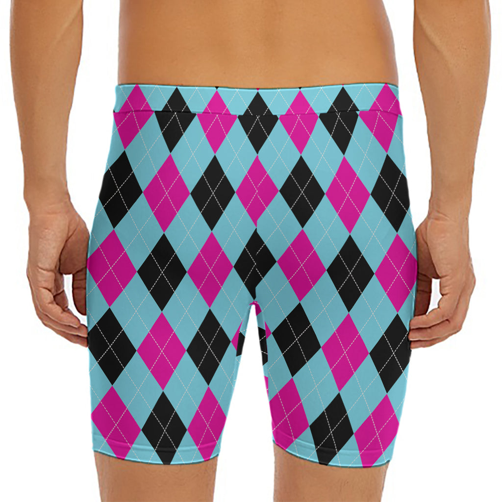 Blue Pink And Black Argyle Pattern Print Men's Long Boxer Briefs