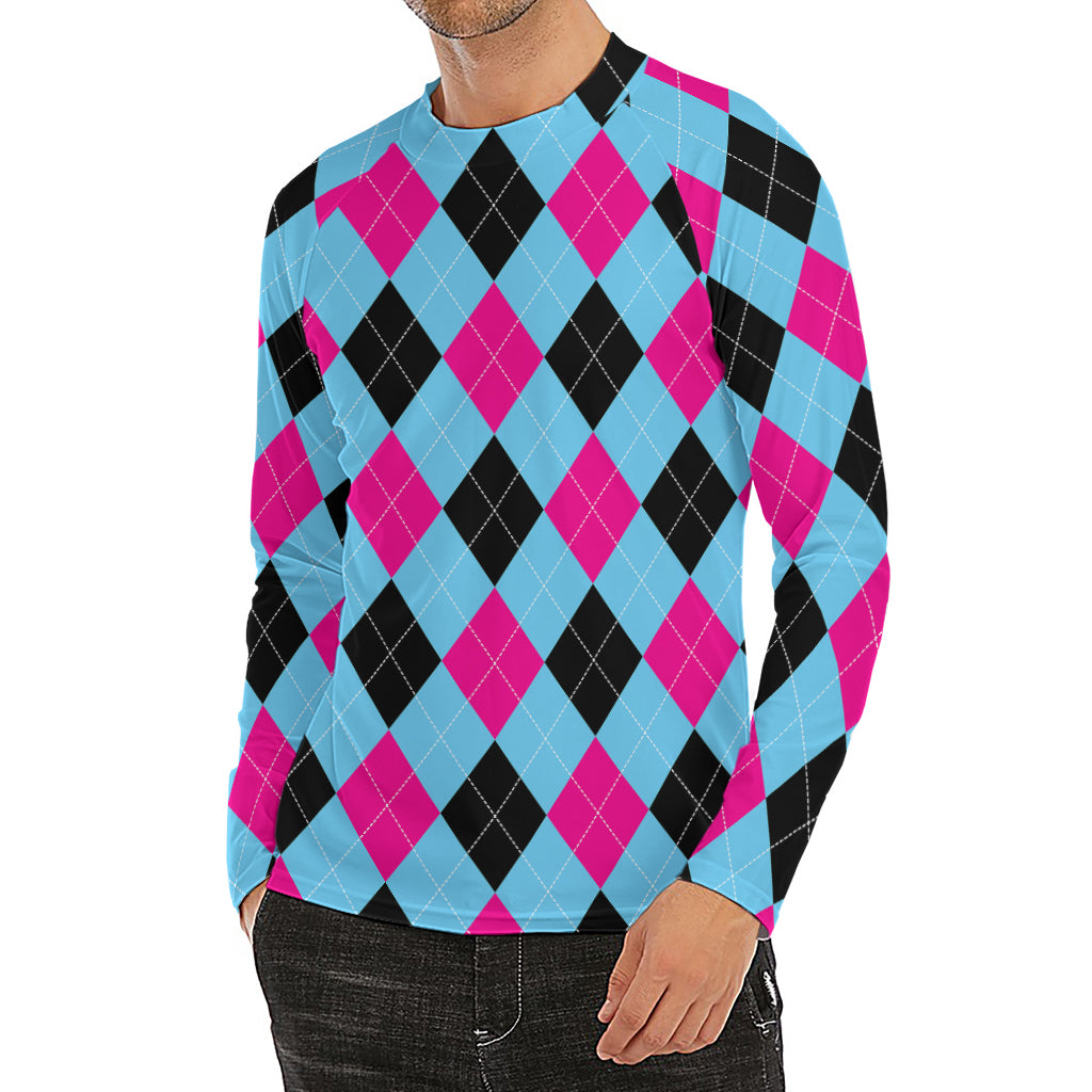 Blue Pink And Black Argyle Pattern Print Men's Long Sleeve Rash Guard