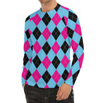 Blue Pink And Black Argyle Pattern Print Men's Long Sleeve Rash Guard