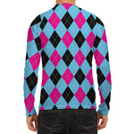 Blue Pink And Black Argyle Pattern Print Men's Long Sleeve Rash Guard