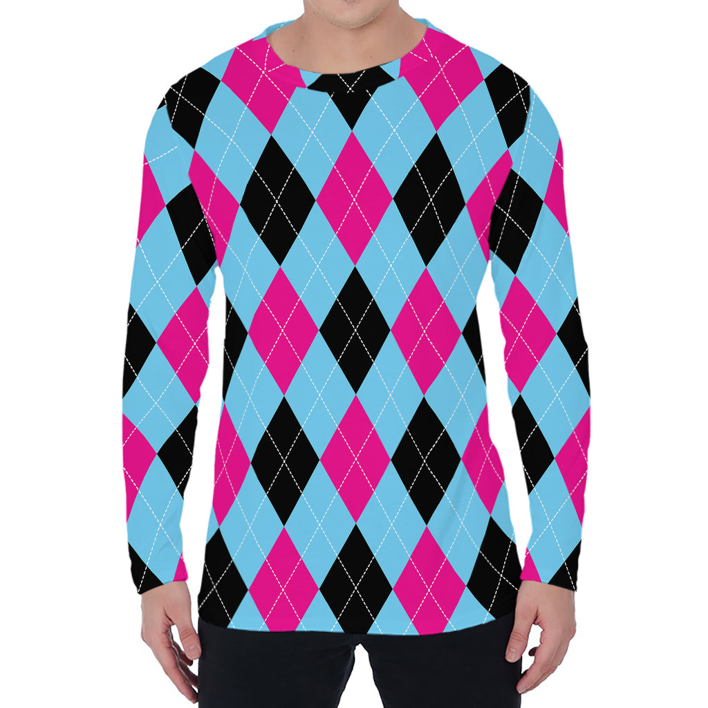 Blue Pink And Black Argyle Pattern Print Men's Long Sleeve T-Shirt
