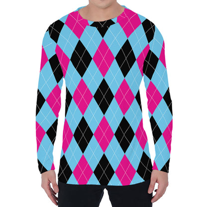 Blue Pink And Black Argyle Pattern Print Men's Long Sleeve T-Shirt