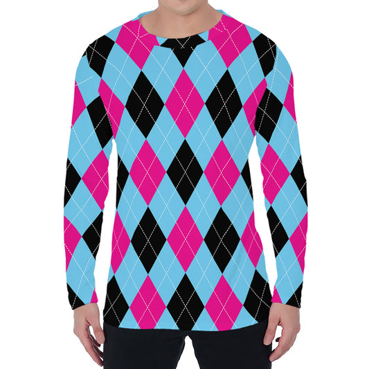 Blue Pink And Black Argyle Pattern Print Men's Long Sleeve T-Shirt