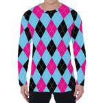Blue Pink And Black Argyle Pattern Print Men's Long Sleeve T-Shirt