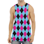 Blue Pink And Black Argyle Pattern Print Men's Muscle Tank Top