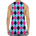 Blue Pink And Black Argyle Pattern Print Men's Muscle Tank Top