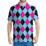 Blue Pink And Black Argyle Pattern Print Men's Polo Shirt