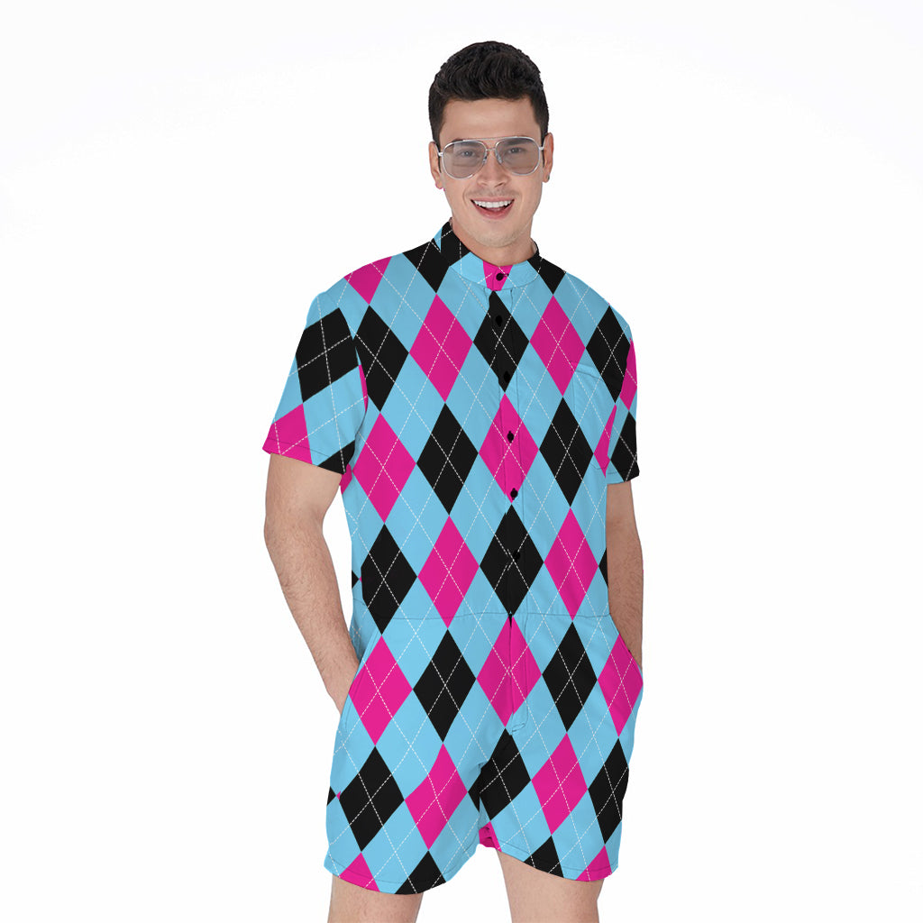 Blue Pink And Black Argyle Pattern Print Men's Rompers