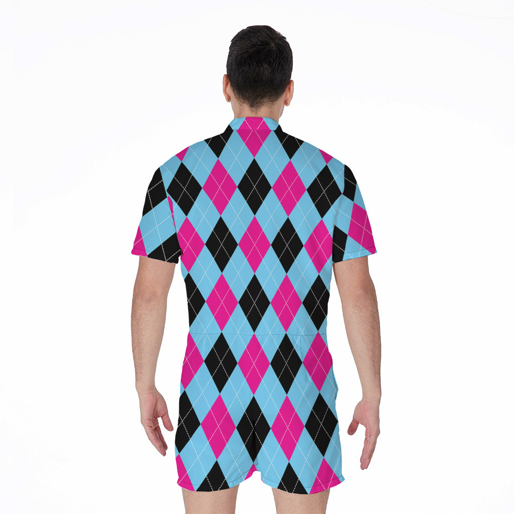 Blue Pink And Black Argyle Pattern Print Men's Rompers