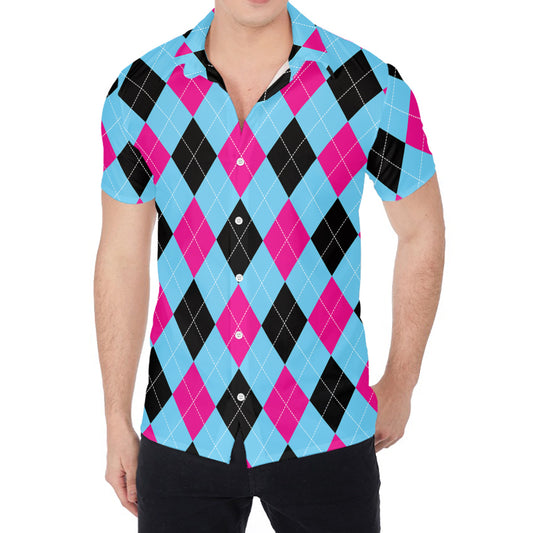 Blue Pink And Black Argyle Pattern Print Men's Shirt