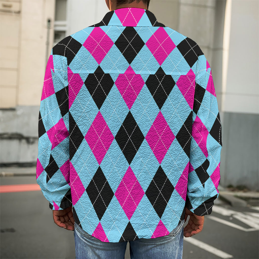 Blue Pink And Black Argyle Pattern Print Men's Shirt Jacket