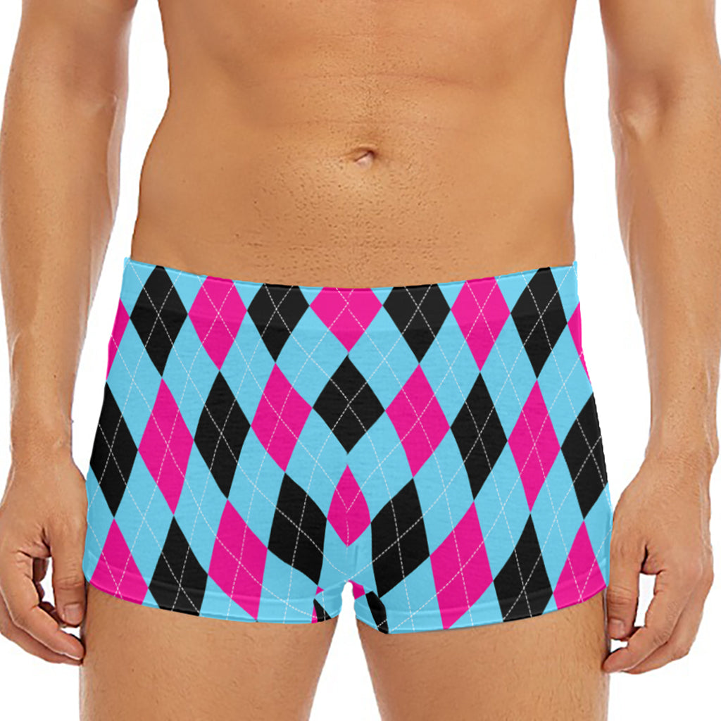 Blue Pink And Black Argyle Pattern Print Men's Short Boxer Briefs