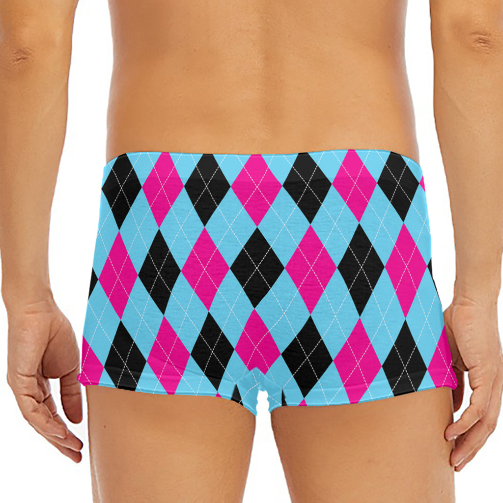 Blue Pink And Black Argyle Pattern Print Men's Short Boxer Briefs