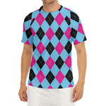 Blue Pink And Black Argyle Pattern Print Men's Short Sleeve Rash Guard