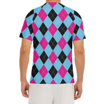 Blue Pink And Black Argyle Pattern Print Men's Short Sleeve Rash Guard