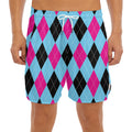 Blue Pink And Black Argyle Pattern Print Men's Split Running Shorts