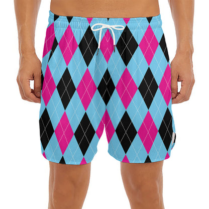 Blue Pink And Black Argyle Pattern Print Men's Split Running Shorts