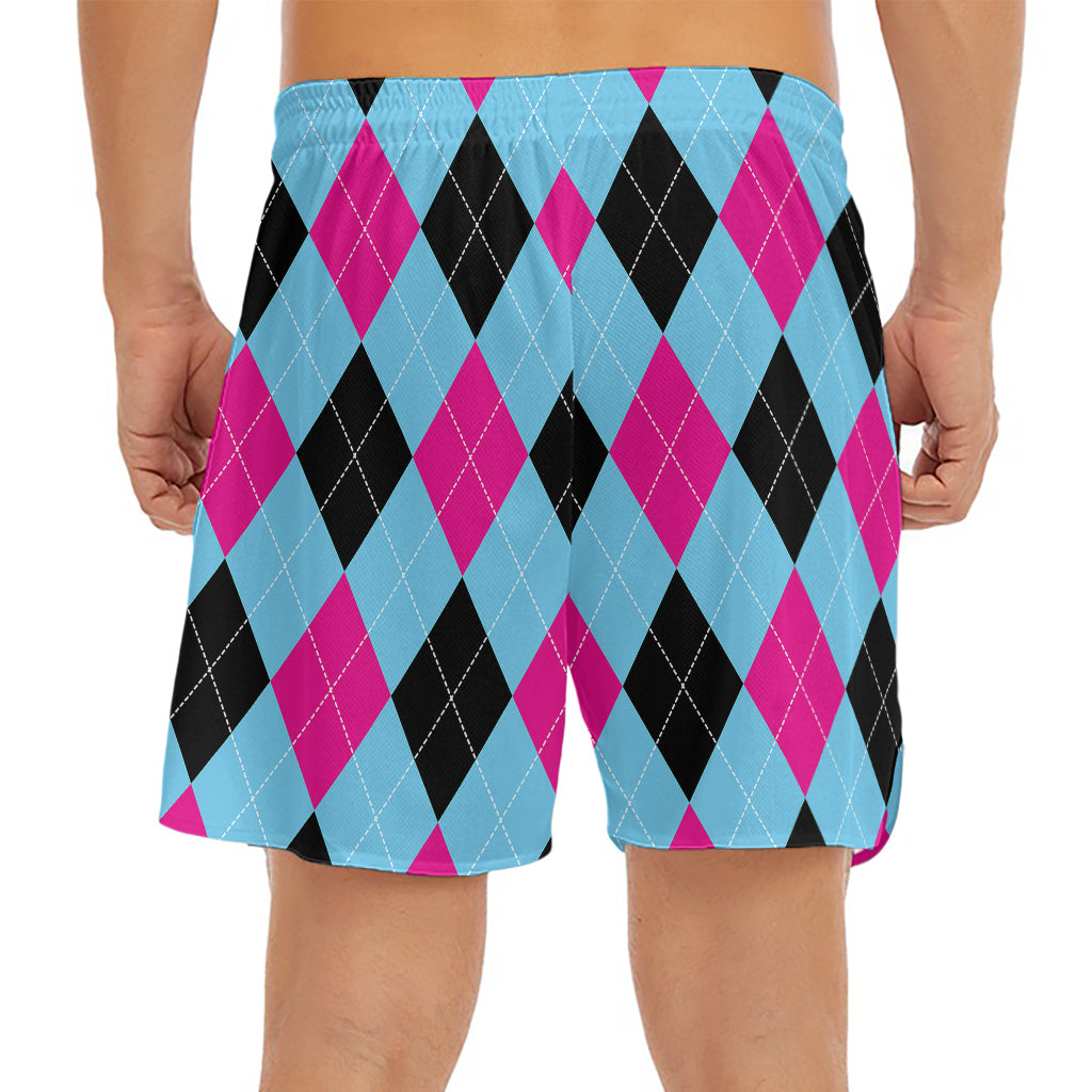 Blue Pink And Black Argyle Pattern Print Men's Split Running Shorts