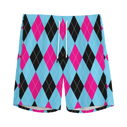 Blue Pink And Black Argyle Pattern Print Men's Sports Shorts