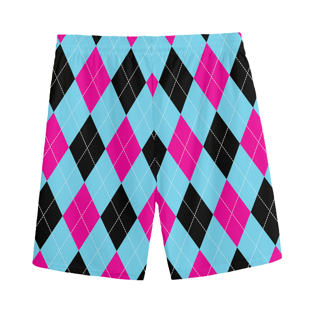 Blue Pink And Black Argyle Pattern Print Men's Sports Shorts