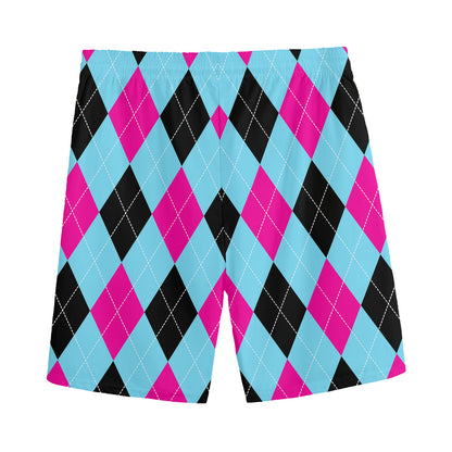 Blue Pink And Black Argyle Pattern Print Men's Sports Shorts