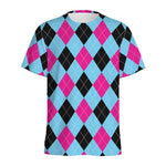 Blue Pink And Black Argyle Pattern Print Men's Sports T-Shirt