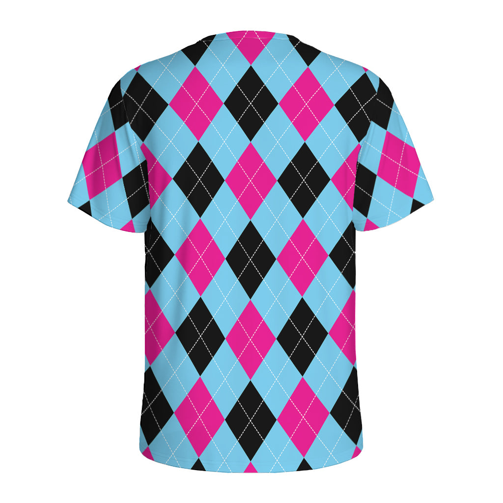 Blue Pink And Black Argyle Pattern Print Men's Sports T-Shirt