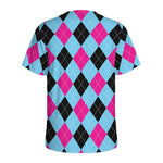 Blue Pink And Black Argyle Pattern Print Men's Sports T-Shirt