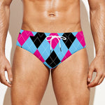 Blue Pink And Black Argyle Pattern Print Men's Swim Briefs