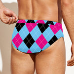 Blue Pink And Black Argyle Pattern Print Men's Swim Briefs