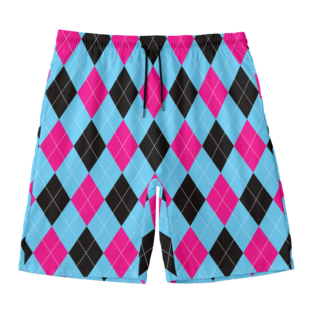 Blue Pink And Black Argyle Pattern Print Men's Swim Trunks
