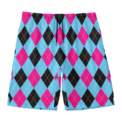 Blue Pink And Black Argyle Pattern Print Men's Swim Trunks