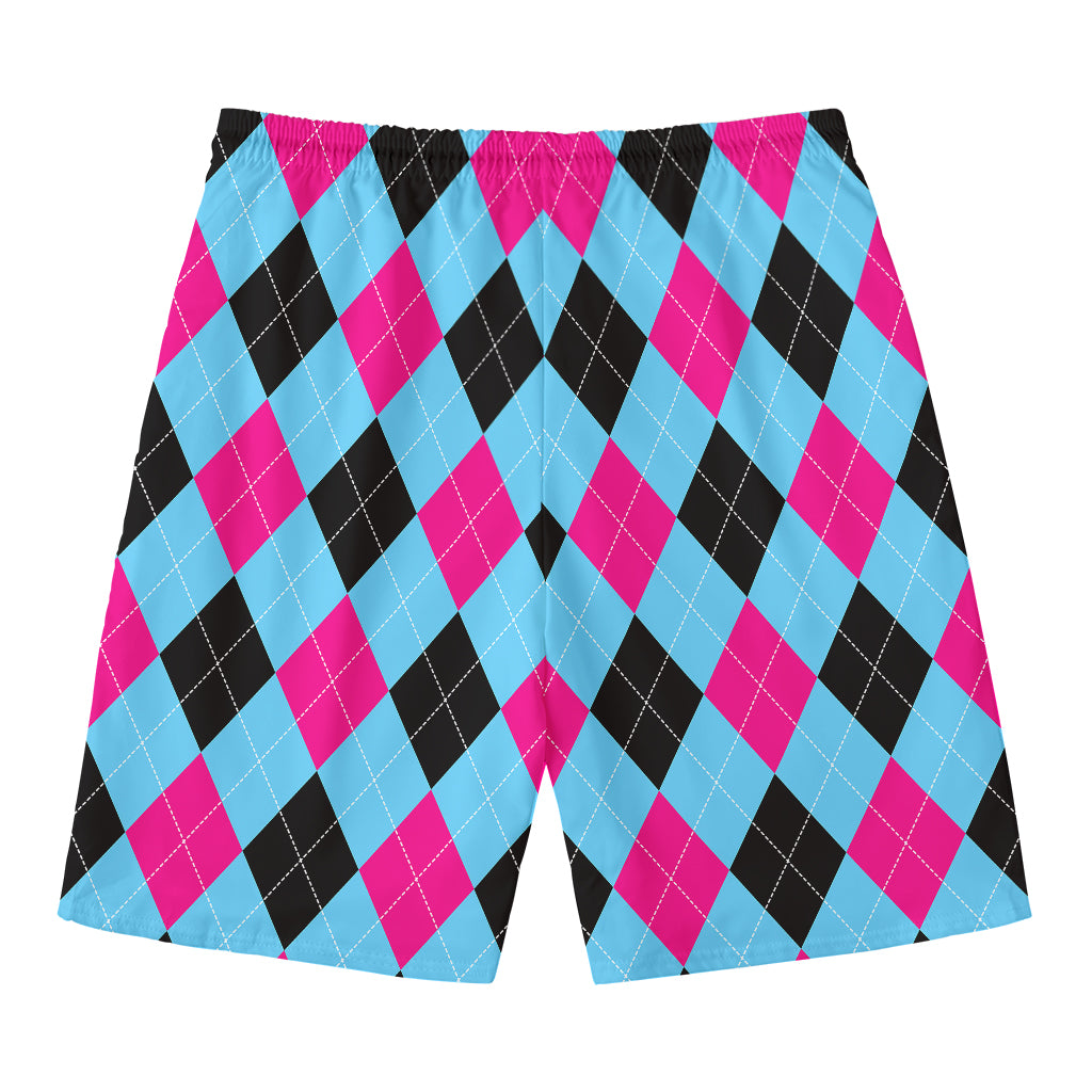 Blue Pink And Black Argyle Pattern Print Men's Swim Trunks