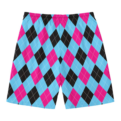 Blue Pink And Black Argyle Pattern Print Men's Swim Trunks