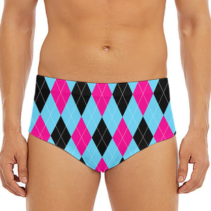 Blue Pink And Black Argyle Pattern Print Men's Triangle Swim Briefs