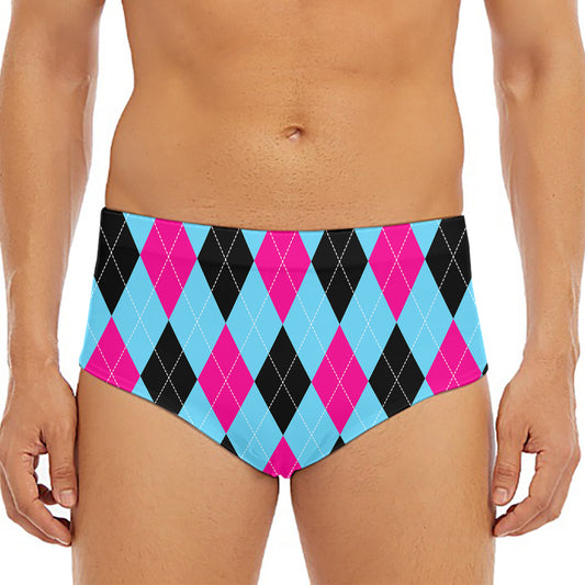 Blue Pink And Black Argyle Pattern Print Men's Triangle Swim Briefs
