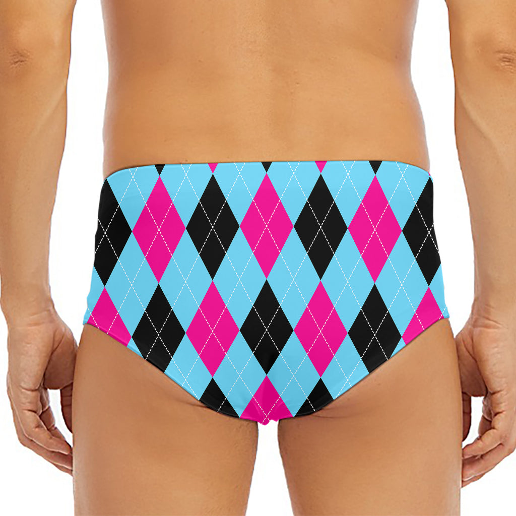 Blue Pink And Black Argyle Pattern Print Men's Triangle Swim Briefs