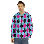 Blue Pink And Black Argyle Pattern Print Men's Velvet Pullover Hoodie