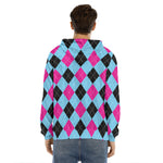 Blue Pink And Black Argyle Pattern Print Men's Velvet Pullover Hoodie