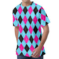 Blue Pink And Black Argyle Pattern Print Men's Velvet T-Shirt