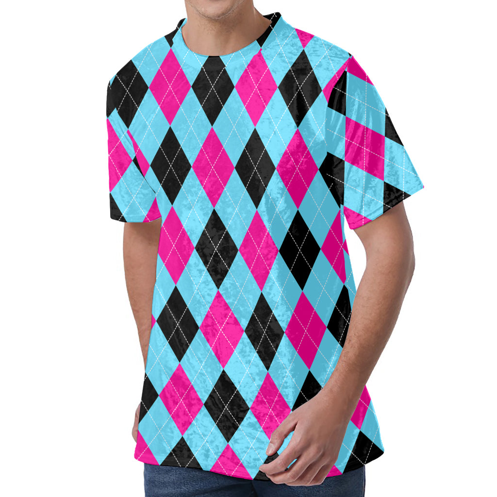 Blue Pink And Black Argyle Pattern Print Men's Velvet T-Shirt