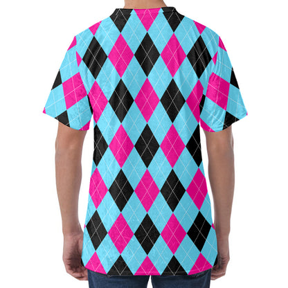 Blue Pink And Black Argyle Pattern Print Men's Velvet T-Shirt