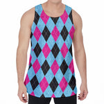 Blue Pink And Black Argyle Pattern Print Men's Velvet Tank Top