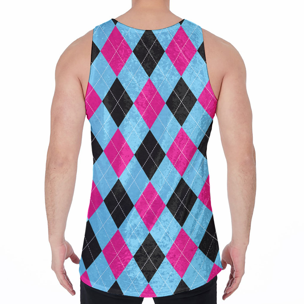 Blue Pink And Black Argyle Pattern Print Men's Velvet Tank Top