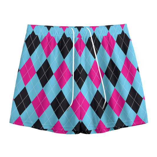 Blue Pink And Black Argyle Pattern Print Mesh Shorts